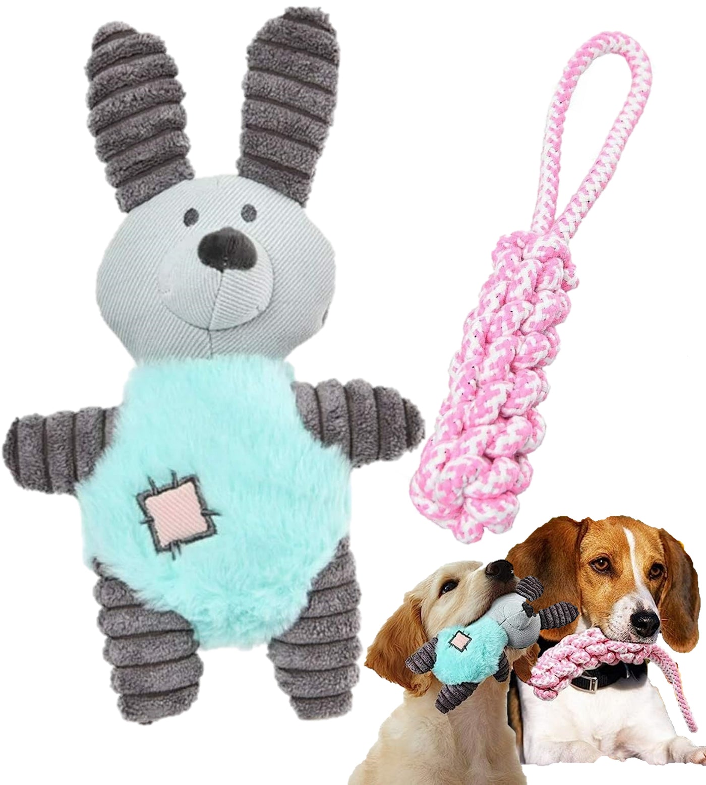 2 Piece Dog Teddy Toy Plush Squeaky Sound Soft Chew Toys for Pet Puppy Bunny Toy