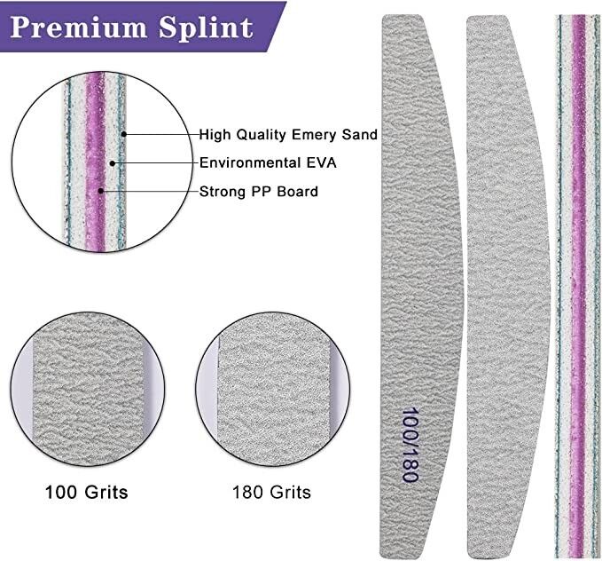 10 x Nail Files 100/180 Grit Half Moon Emery Board Buffer File Diamond Curve Set
