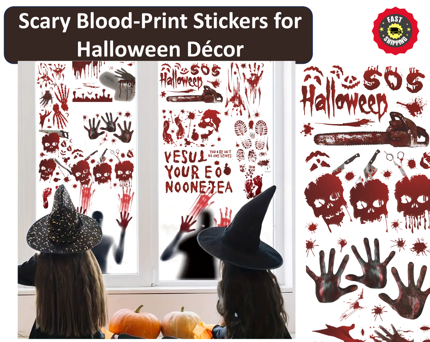 Halloween Party Window Stickers Decal Spooky Blood Scary Deco Hand Print A4 Size