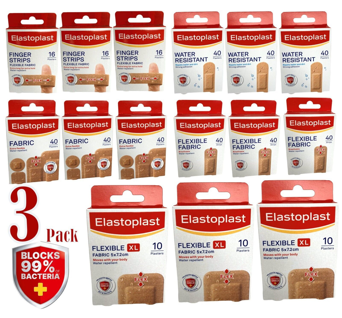 3 x Elastoplast Finger Strips Extra Flexible Fabric Plasters Water Resistant