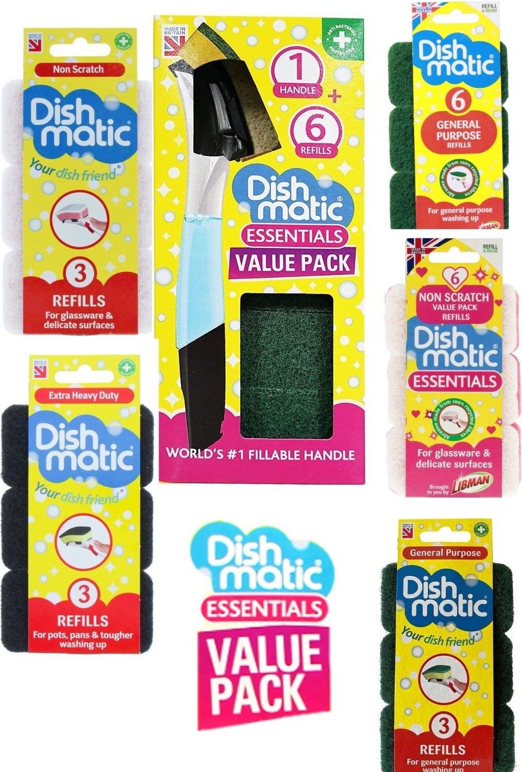 Dishmatic Washing Up Brush Sponge & Liquid Dispenser Dish Matic Refill Essential
