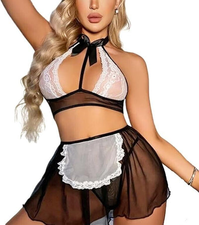 Sexy Lingerie Outfits Sheer Naughty French Maid Costume Uniform Transparent Lace