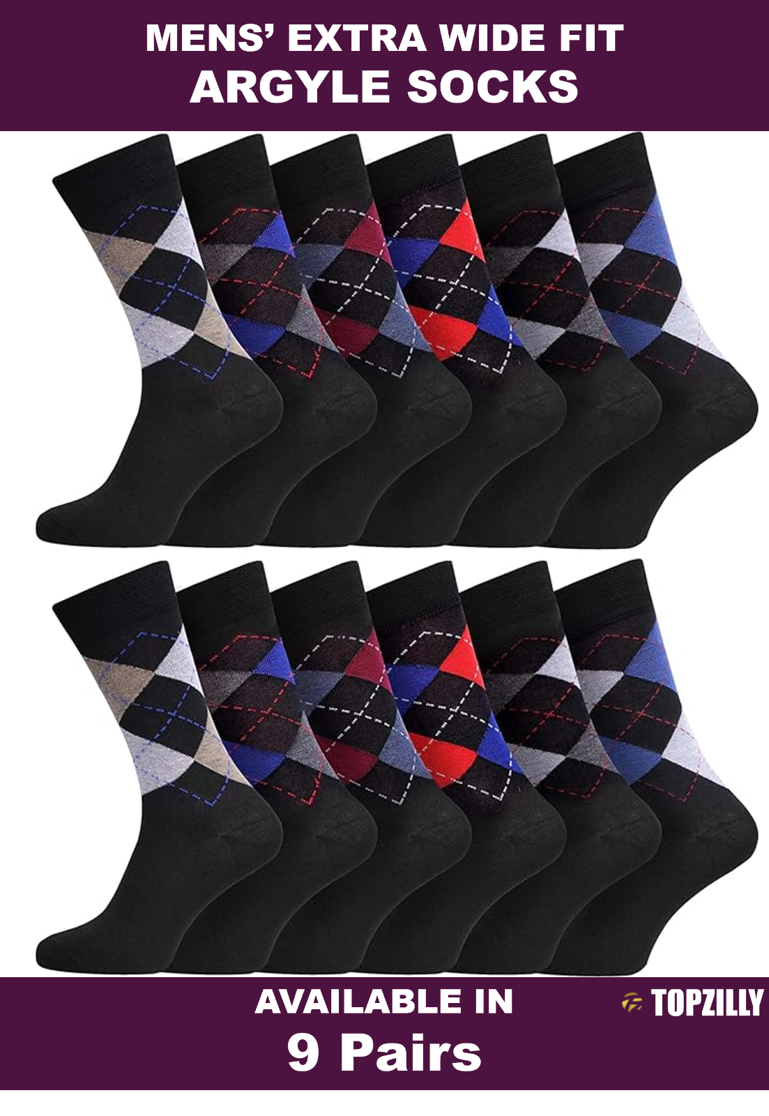 9 Pairs Mens Socks Argyle Wide Fit Diabetic Loose Cotton Rich Casual Work Wear
