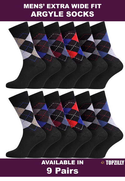 9 Pairs Mens Socks Argyle Wide Fit Diabetic Loose Cotton Rich Casual Work Wear