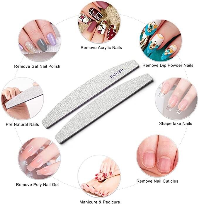 10 x Nail Files 100/180 Grit Half Moon Emery Board Buffer File Diamond Curve Set