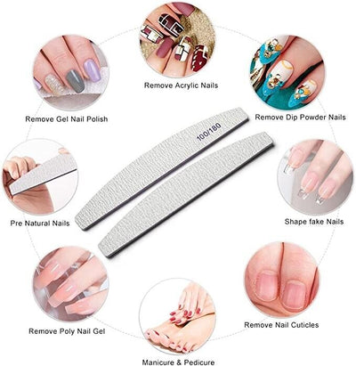 10 x Nail Files 100/180 Grit Half Moon Emery Board Buffer File Diamond Curve Set