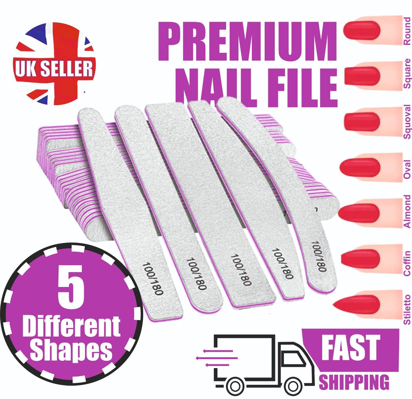 10 x Nail Files 100/180 Grit Half Moon Emery Board Buffer File Diamond Curve Set