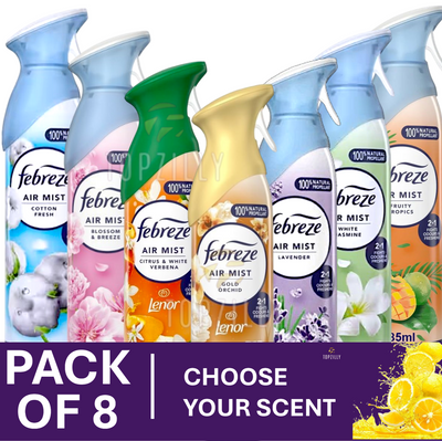 8 x Febreze Air Mist Air Freshener Eliminates Odours Spray 185ml Select Scents