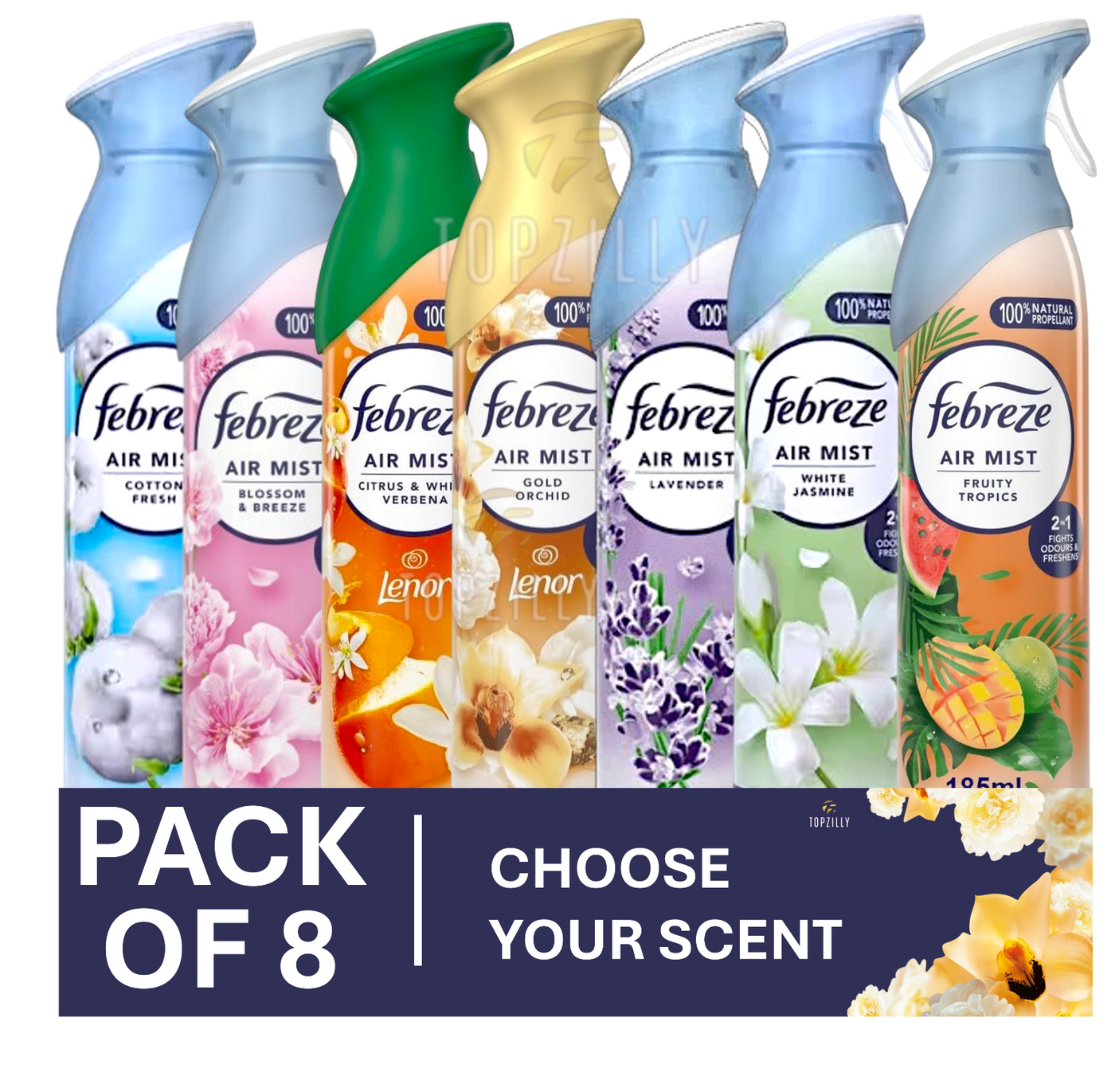 8x Febreze Air Freshener 185ml Odour Eliminator Home Office Air Mist Spray Scent