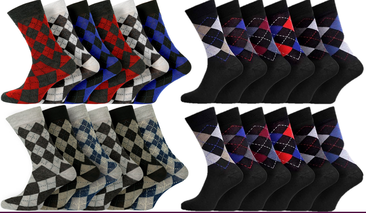 9 Pairs Mens Socks Argyle Wide Fit Diabetic Loose Cotton Rich Casual Work Wear