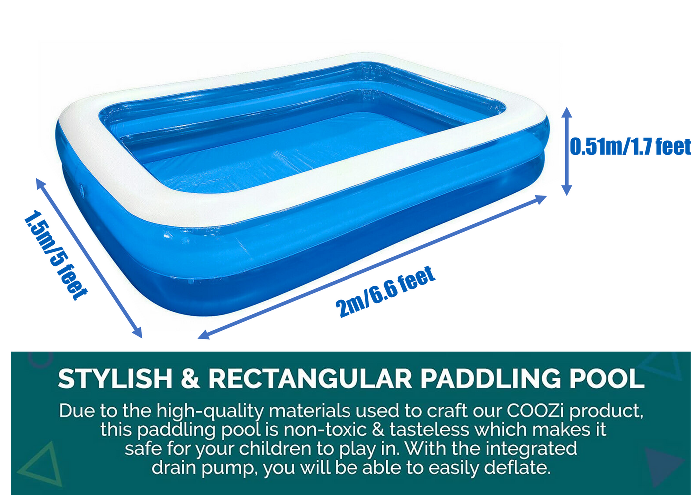 Family Inflatable Swimming Paddling Pool, 201 x 150 x 51 cm, Summer fun Garden