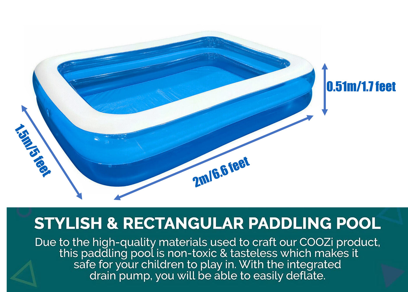 Family Inflatable Swimming Paddling Pool, 201 x 150 x 51 cm, Summer fun Garden