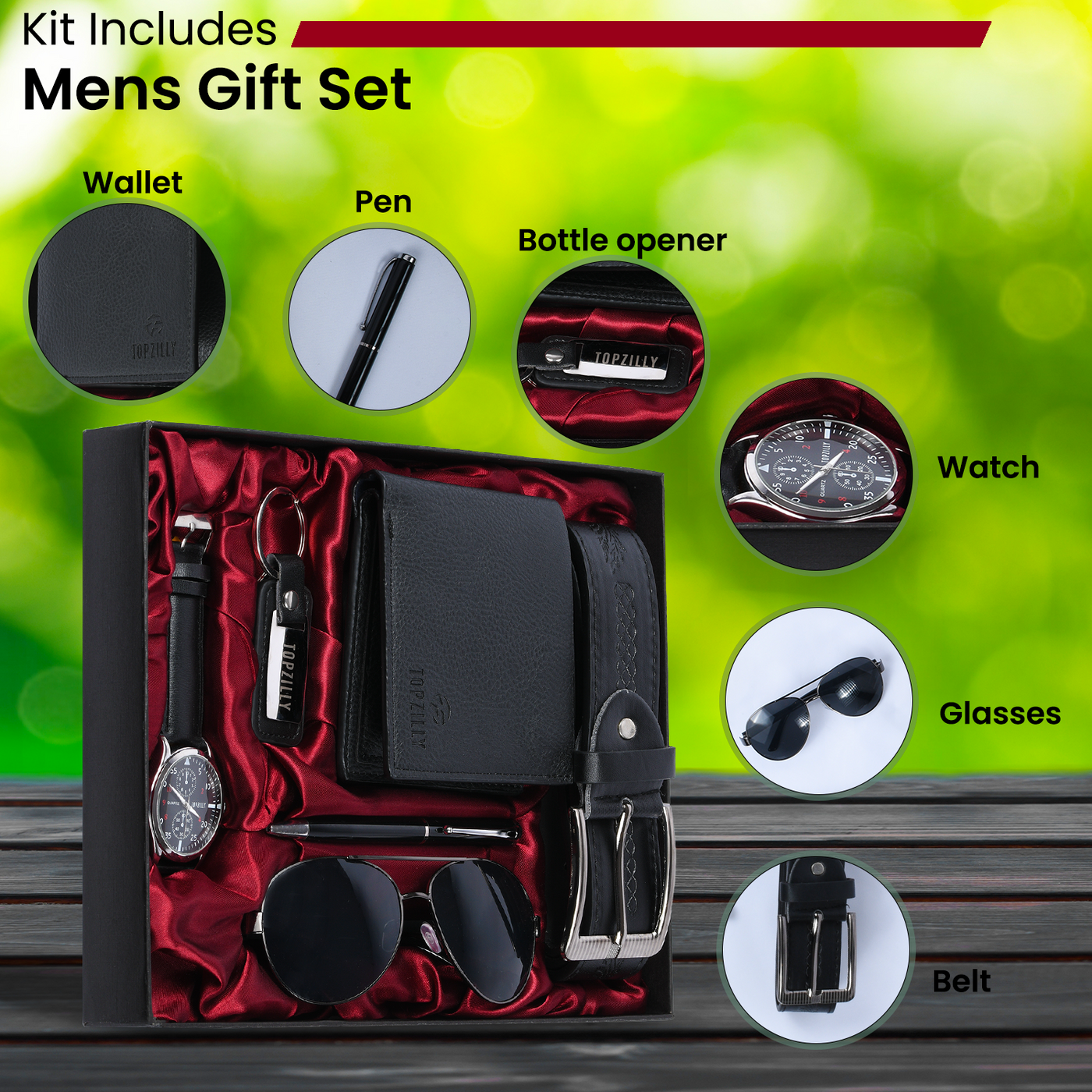 Topzilly Mens Luxury Gift Set Watch Wallet Keyring Sunglasses Belt Perfect Gifts for Men