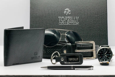 Mens Luxury Gift Set. Complete Gift Set For Him. Watch, Sunglasses, Wallet, Keyring, Belt, Pen For Birthday Father's Day Christmas