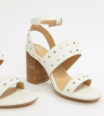 RRP £45 Womens Ladies Ankle Strap Studded Sandals Block Heel Shoes White Sz 3-8