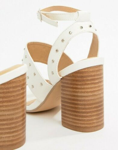 RRP £45 Womens Ladies Ankle Strap Studded Sandals Block Heel Shoes White Sz 3-8